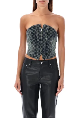 MISBHV Tops, Dames, Blauw, L, Denim, Donkerblauw Jacquard Denim Korset Topwear