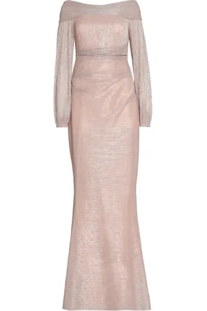 TALBOT RUNHOF Kleedjes, Dames, Roze, S, Polyester, Metallic Off-Shoulder Gedrapeerde Jurk