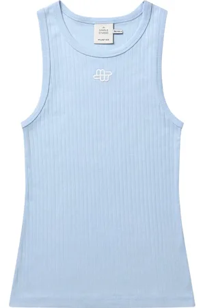 Munthe Tops, Dames, Blauw, L, Katoen, Mouwloze Top Lichtblauw Geborduurd Logo