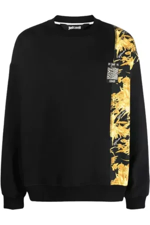 Roberto Cavalli Sweatshirts & Hoodies, Heren, Zwart, L, Katoen, Zwarte bloemenkatoenen sweatshirt met logo