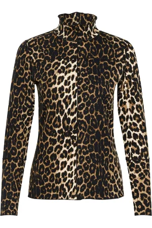 Karen by Simonsen Blouses & Shirts, Dames, Bruin, L, Luipaardprint Blouse met Hoge Hals