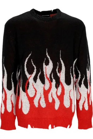 Vision Of Super Truien, Heren, Veelkleurig, M, Jacquard Flames Jumper Sweater Zwart/Rood/Wit