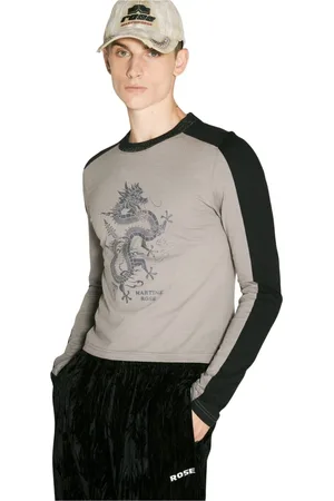 MARTINE ROSE Tops, Heren, Grijs, S, Katoen, Glitter Crewneck Grafische Longsleeve T-shirt