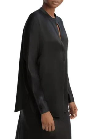 Vince Blouses & Shirts, Dames, Zwart, L, Satijn, Zijden Satijnen Blouse met Bandkraag