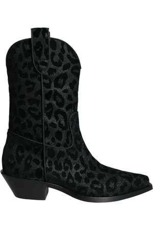 Dolce & Gabbana Schoenen, Dames, Zwart, 38 EU, Luipaardprint Cowboy Laarzen met Leren Zool