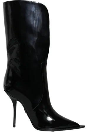 Dolce & Gabbana Schoenen, Dames, Zwart, 37 EU, Katoen, Logo Detail Mid Calf Leren Laarzen