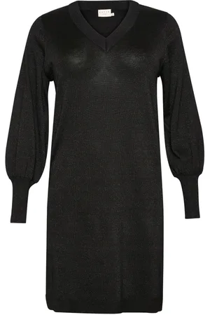 Kaffe Kleedjes, Dames, Zwart, S, Zwart Metallic Gebreide Jurk met Pofmouwen