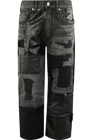 JUNYA WATANABE Jeans, Dames, Zwart, M, Denim, Patchwork Denim Jeans met Distressed Finish