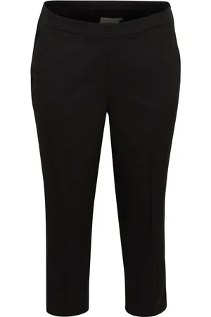 Kaffe Broeken, Dames, Zwart, 5Xl, Polyester, Zwarte Cropped Broek met Elastische Taille