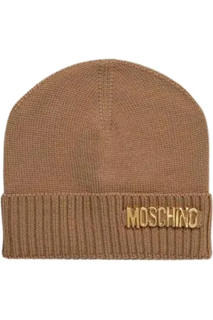 Moschino Accessoires, Dames, Bruin, ONE Size, Wol, Gebreide muts met applicatie