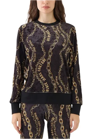 VERSACE Sweatshirts & Hoodies, Dames, Zwart, S, Katoen, Fluweel Ketting Print Hals Top