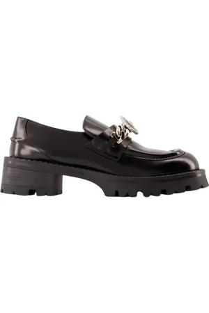 VERSACE Schoenen, Dames, Zwart, 37 EU, Leer, Zwarte Leren Instap Platte Schoenen