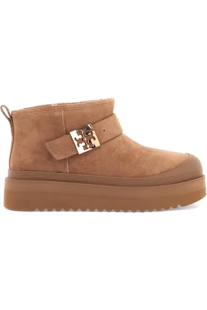 Tory Burch Schoenen, Dames, Bruin, 38 EU, Suède, Suède Platform Enkellaarzen met Shearling