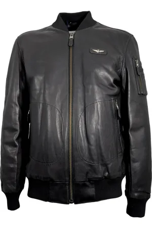 Aeronautica Militare Jassen, Heren, Zwart, 3Xl, Leer, Zwarte leren bomberjack met metalen adelaar