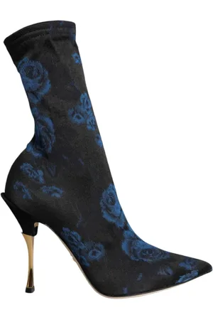 Dolce & Gabbana Schoenen, Dames, Blauw, 38 EU, Leer, Bloemenprint Stiletto Mid Calf Laarzen
