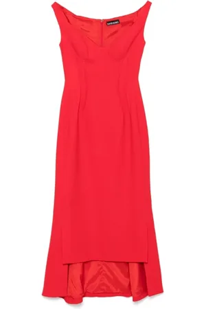 DAVID KOMA Kleedjes, Dames, Rood, S, Leer, Klaprood Off-Shoulder Jurk