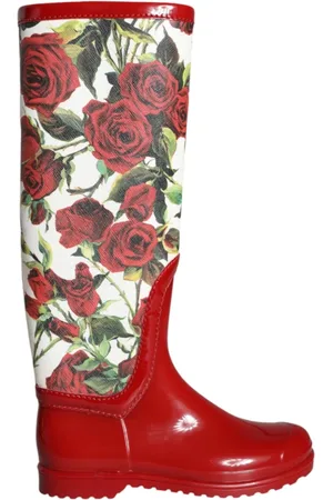 Dolce & Gabbana Schoenen, Dames, Veelkleurig, 36 EU, Rode Bloemen Rubber Kniehoge Laarzen