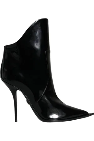 Dolce & Gabbana Schoenen, Dames, Zwart, 39 1/2 EU, Katoen, Zwarte Patentleren Logo Enkellaarzen