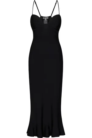 Nensi Dojaka Kleedjes, Dames, Zwart, M, Polyester, Zwarte Uitlopende Midi Jurk met Diepe Halslijn