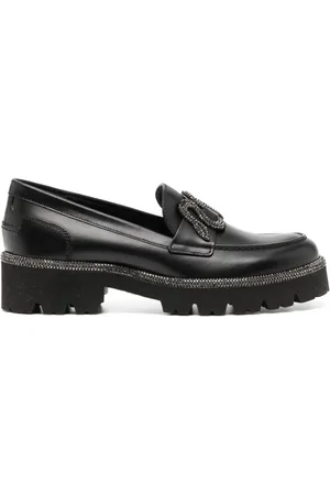 RENE CAOVILLA Schoenen, Dames, Zwart, 40 EU, Leer, Zwarte Leren Schoenen met Kristalapplicatie
