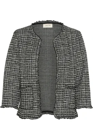 Cream Jassen, Dames, Grijs, M, Zwart Wit Boucle Check Cardigan Jas