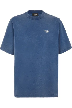 Fendi Tops, Heren, Blauw, M, Katoen, Blauw katoenen T-shirt met metalen letters
