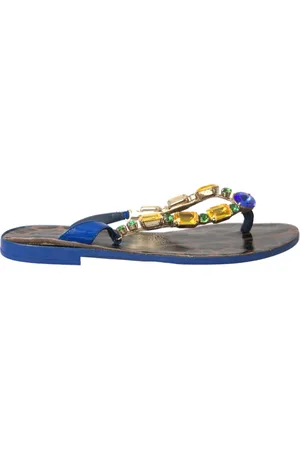 Dolce & Gabbana Schoenen, Dames, Blauw, 36 EU, Leer, Luipaardprint Edelsteen Teenslippers
