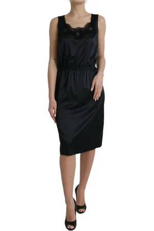 Dolce & Gabbana Kleedjes, Dames, Zwart, 2Xs, Zwart Zijden Kantdetail Midi Jurk