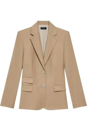 THEORY Jassen, Dames, Bruin, 3Xs, Kameel Flanel Blazer Peak Revers
