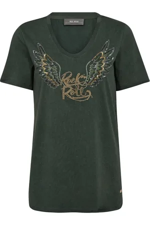 Mos Mosh Tops, Dames, Groen, S, Katoen, Geborduurd T-shirt met V-hals