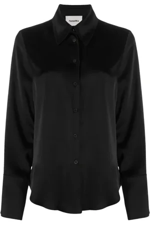 Nanushka Blouses & Shirts, Dames, Zwart, M, Satijn, Zwarte Satijnen Overhemd met Franse Kraag