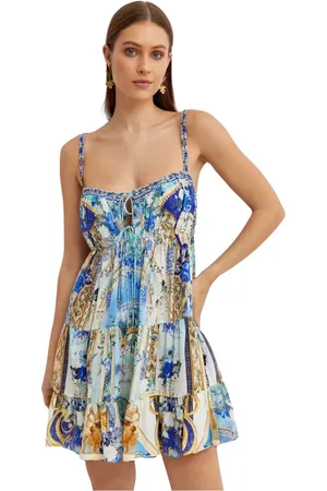 Camilla Kleedjes, Dames, Veelkleurig, M, Blauwe Print Mini Jurk met Open Rug