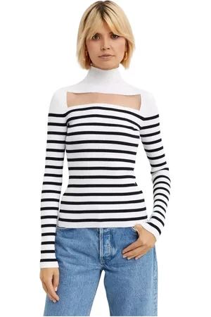 Jean Paul Gaultier Truien, Dames, Wit, S, Polyester, Gestreept golft-shirt met uitsnede