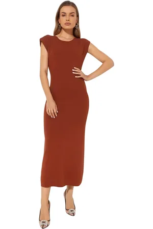 YVES SALOMON Kleedjes, Dames, Bruin, M, Bruine Gebreide Midi Jurk