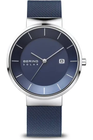 Bering Accessoires, Heren, Blauw, ONE Size, Heren Zonnehorloge 39 mm 5 ATM Zonne Smal Ontwerp Armband Milanese 14639-307