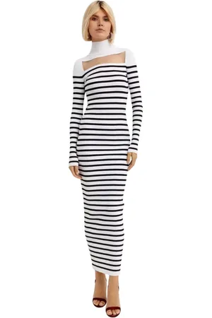 Jean Paul Gaultier Kleedjes, Dames, Wit, S, Leer, Gestreepte Golfjurk met Rechthoekig Decolleté Detail