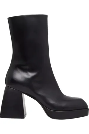 NODALETO Schoenen, Dames, Zwart, 37 1/2 EU, Leer, Zwarte enkellaarsjes met vierkante hak