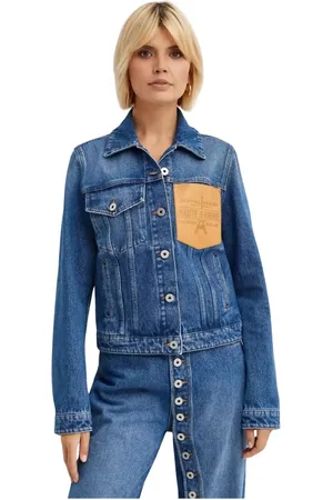 Jean Paul Gaultier Jassen, Dames, Blauw, S, Denim, Blauwe Denim Jack met Leren Patch