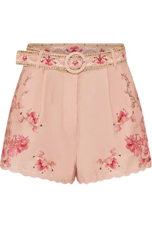 Camilla Korte broeken, Dames, Roze, M, Linnen, Bloemen linnen shorts met schelprand