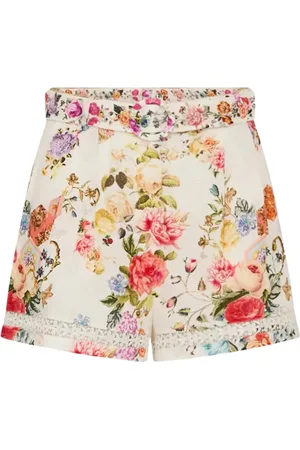 Camilla Korte broeken, Dames, Veelkleurig, M, Linnen, Bloemen hoge taille shorts met kanten afwerking
