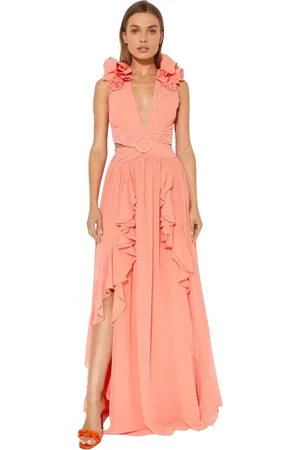 PATBO Kleedjes, Dames, Oranje, L, Leer, Oranje Ruche Maxi Jurk