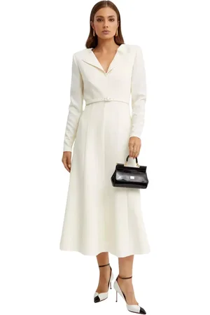 Roland Mouret Kleedjes, Dames, , S, Leer, Crème Midi Jurk met Puntige Halslijn