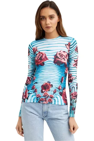 Jean Paul Gaultier Tops, Dames, Blauw, L, Polyester, Blauw Bloemen Longsleeve Shirt