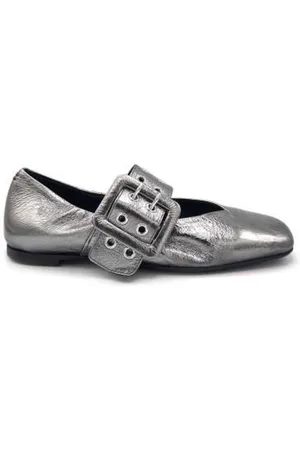HALMANERA Schoenen, Dames, Grijs, 37 EU, Leer, Stalen Ballet Flats met Emmerwerk