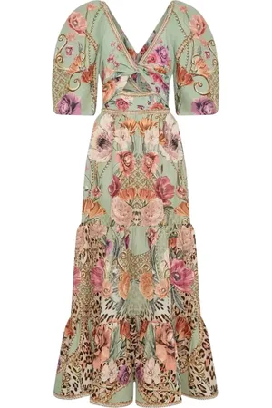 Camilla Kleedjes, Dames, Veelkleurig, S, Leer, Bloemen Maxi Jurk met Wapperende Ruches
