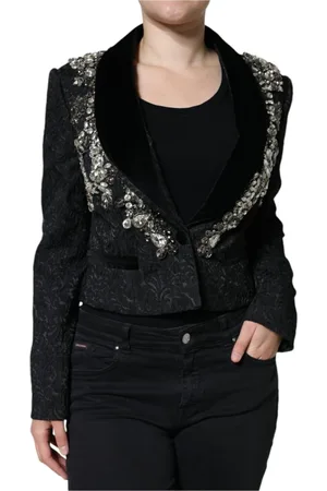Dolce & Gabbana Jassen, Dames, Zwart, M, Kristallen bloemenblazer met zijden voering