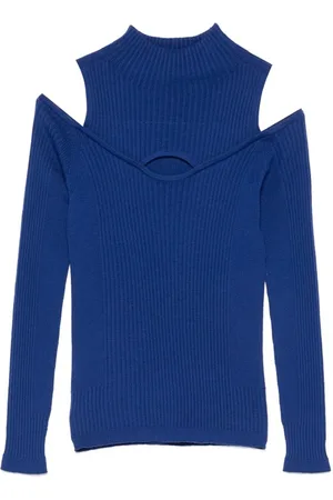 D.EXTERIOR Tops, Dames, Blauw, S, Wol, Blauwe Wol Cold Shoulder Sweater