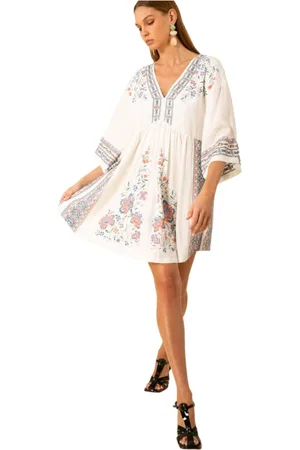 Hale Bob Kleedjes, Dames, Wit, S, Linnen, Geborduurde Slub-Voile Jurk met Kimono Mouwen