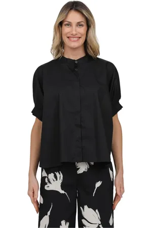 MEIMEIJ Blouses & Shirts, Dames, Zwart, S, Wijde blouse met guru kraag en pofmouw