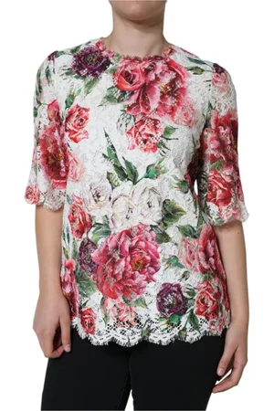 Dolce & Gabbana Blouses & Shirts, Dames, Veelkleurig, S, Katoen, Witte Bloemenkanten Blouse met Zijde